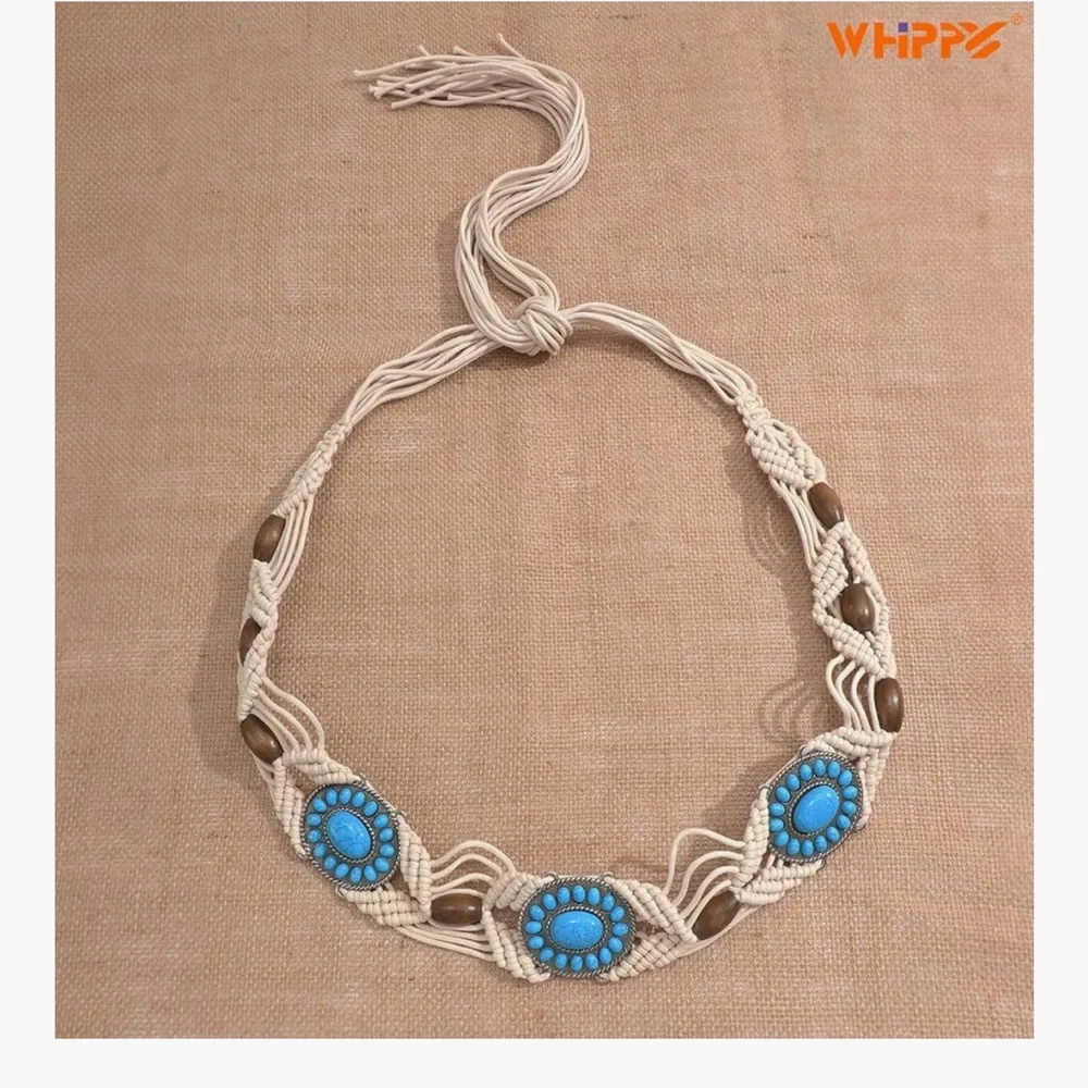 🆕 Boho Braided Belt for Women Hand-Woven Wax Rope & Turquoise Belt Western